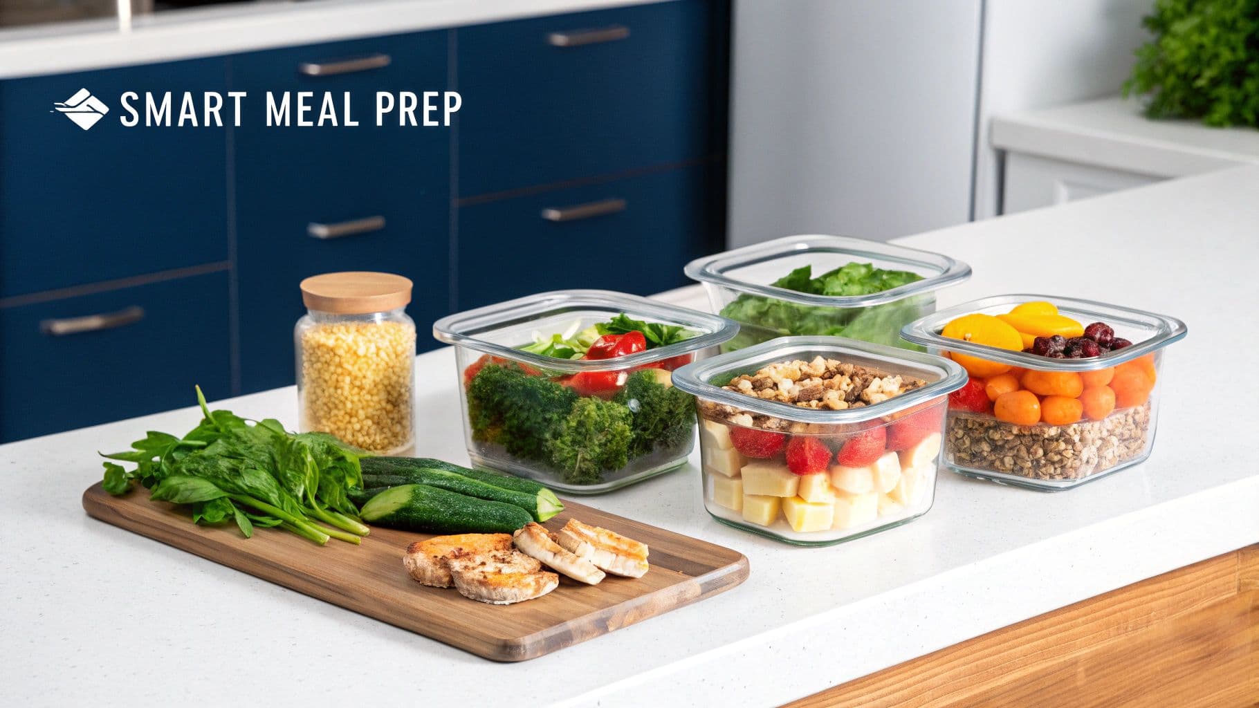 Person prepping various colorful vegetables and grains in containers on a clean kitchen counter.