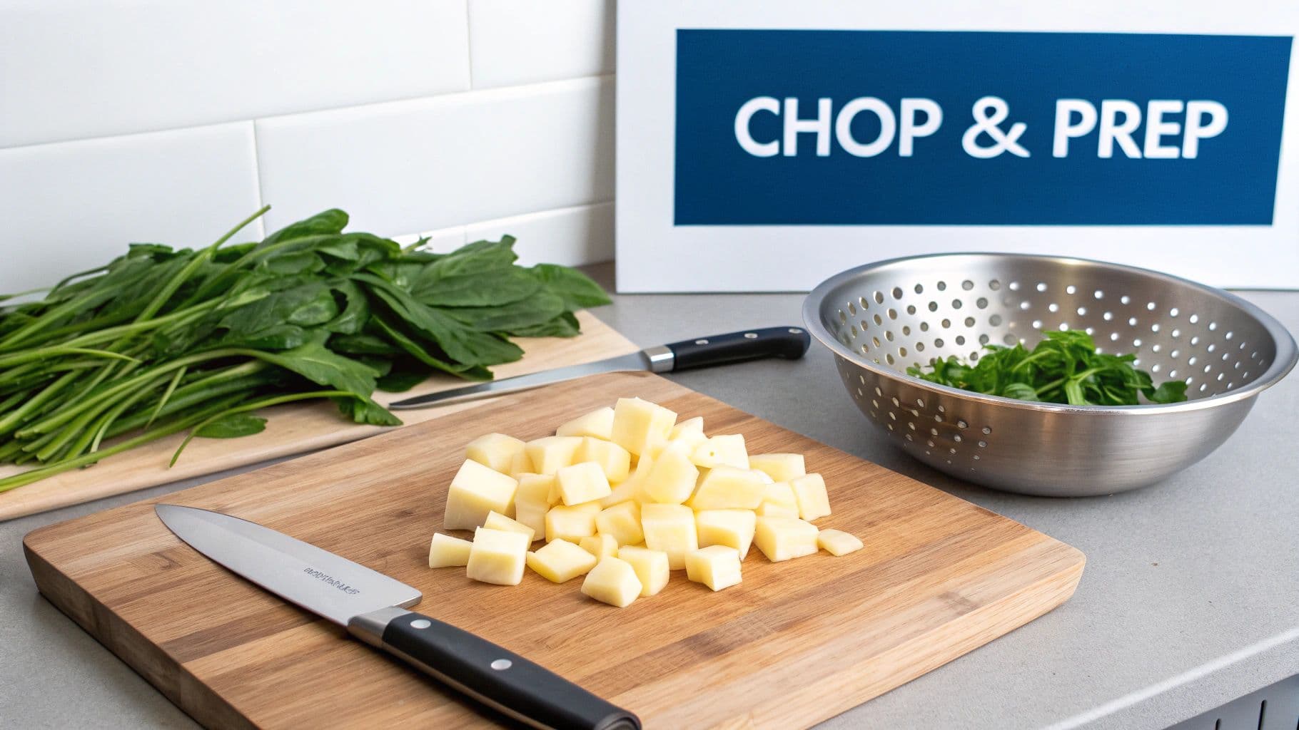 Woman chopping a variety of fresh vegetables on a wooden cutting board in a well-lit kitchen.