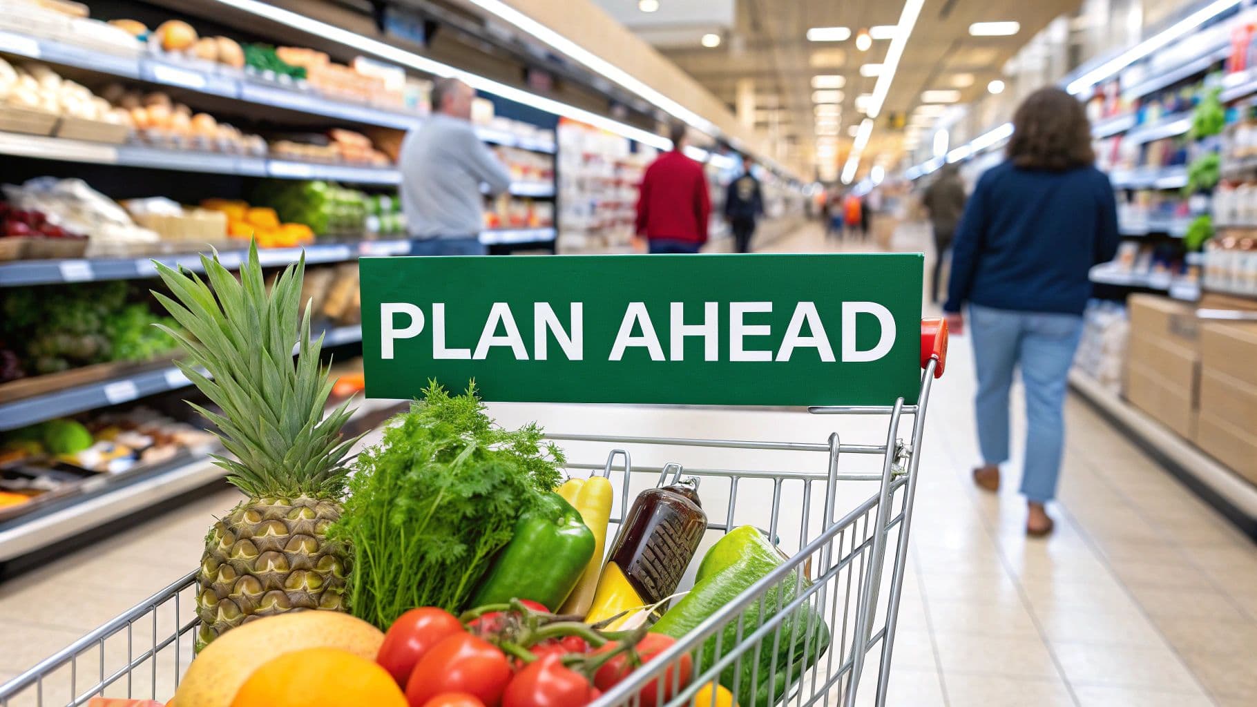 A person pushing a grocery cart and looking at items on a shelf, focused on making smart choices.