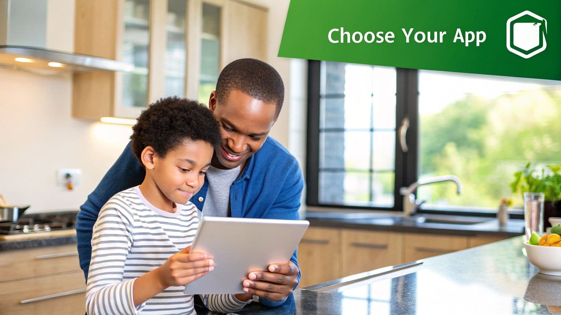 A person using a meal planning app on their phone in a modern kitchen