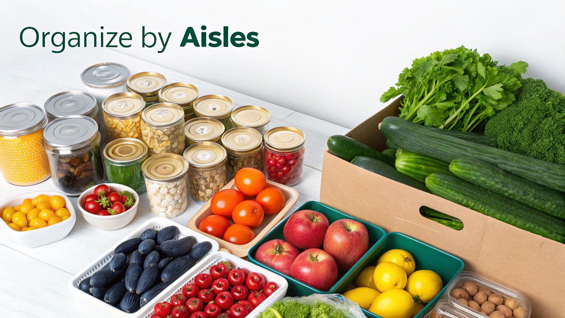A person pushing a shopping cart filled with fresh produce through a grocery store aisle