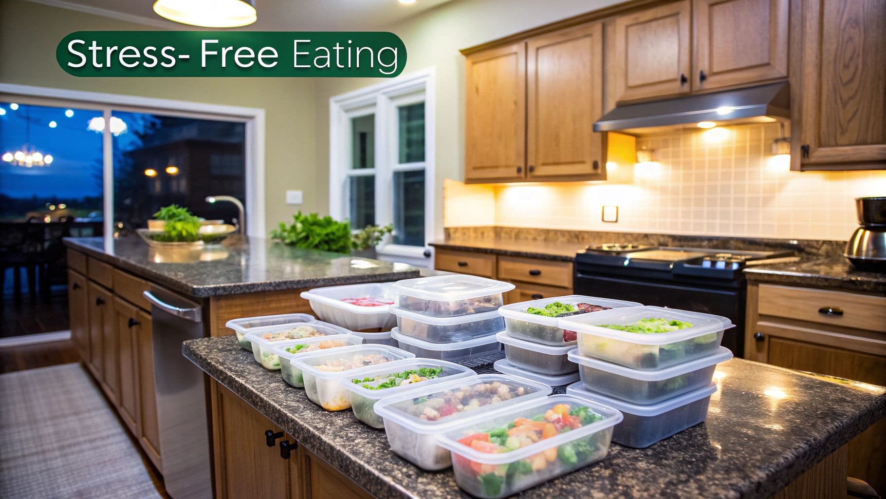 A woman smiling while looking at a healthy meal plan on a tablet in her bright, modern kitchen.