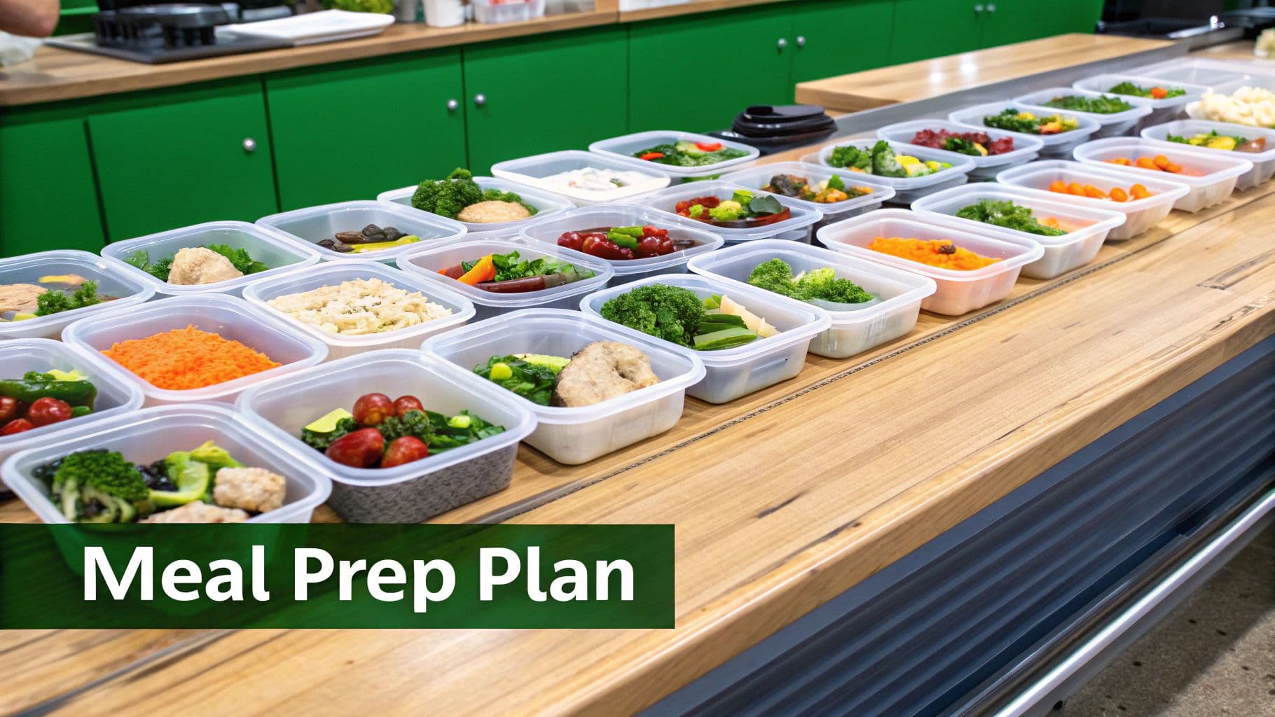 A person assembling meals in portion control meal prep containers on a kitchen counter.