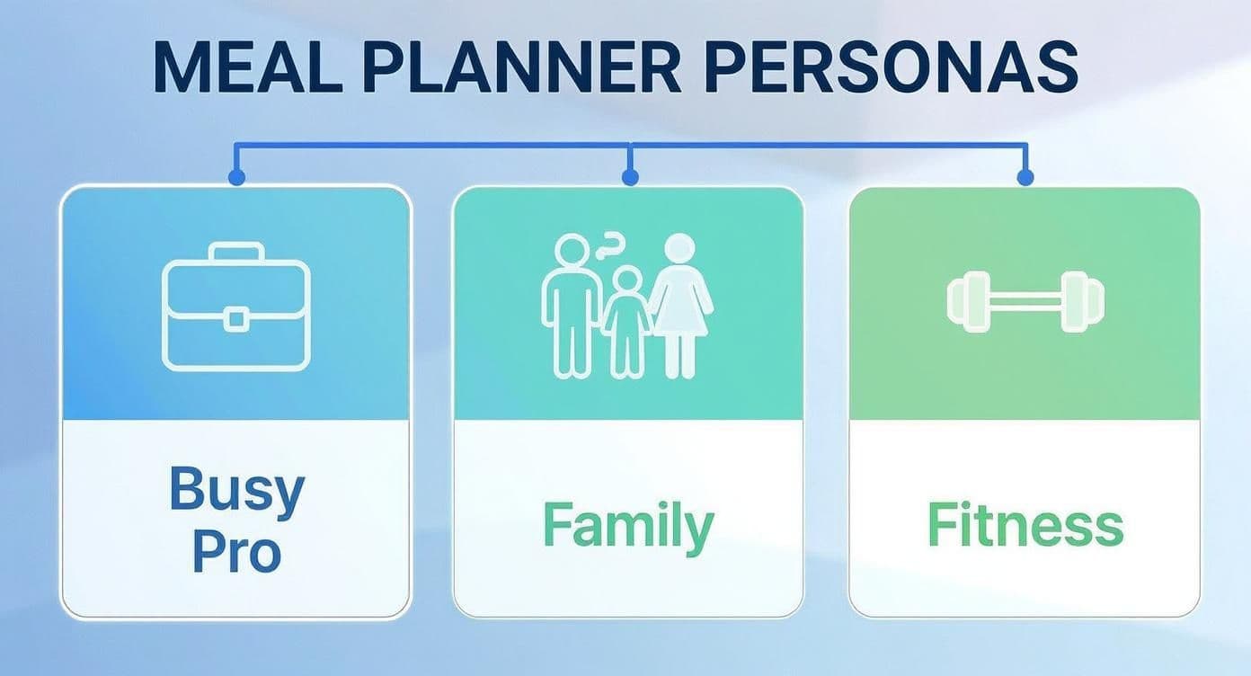 Infographic showing a decision tree for different meal planner personas, including a busy professional, a family, and a fitness enthusiast.