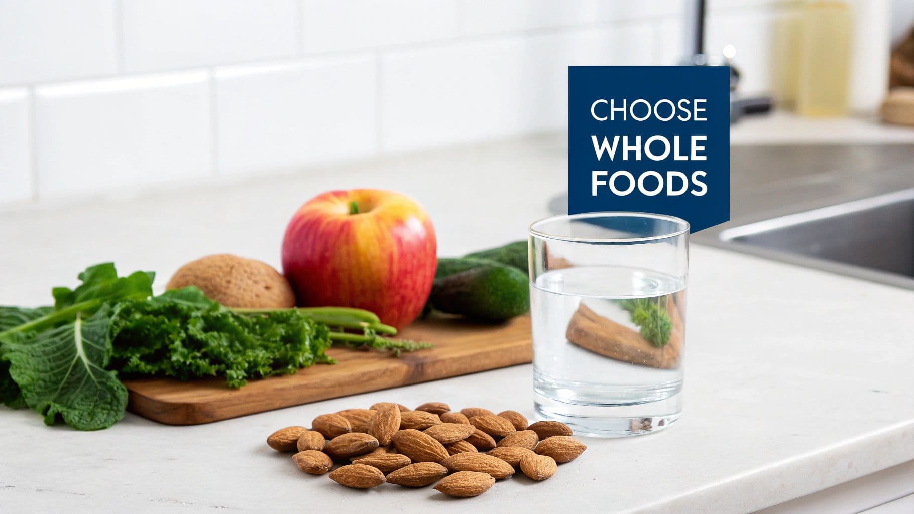 An overhead shot of a person preparing a clean meal with fresh vegetables, lean protein, and whole grains.