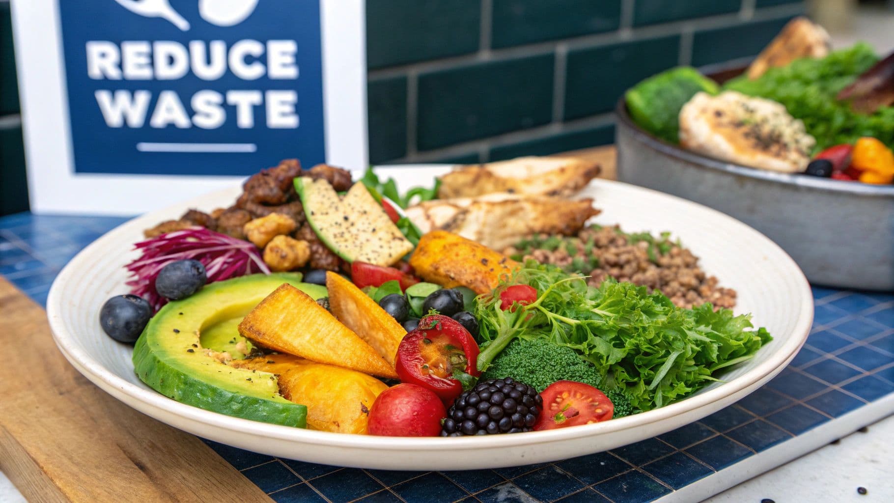 A person smiling in their kitchen, looking at a tablet displaying a meal plan, with fresh ingredients on thecounter.