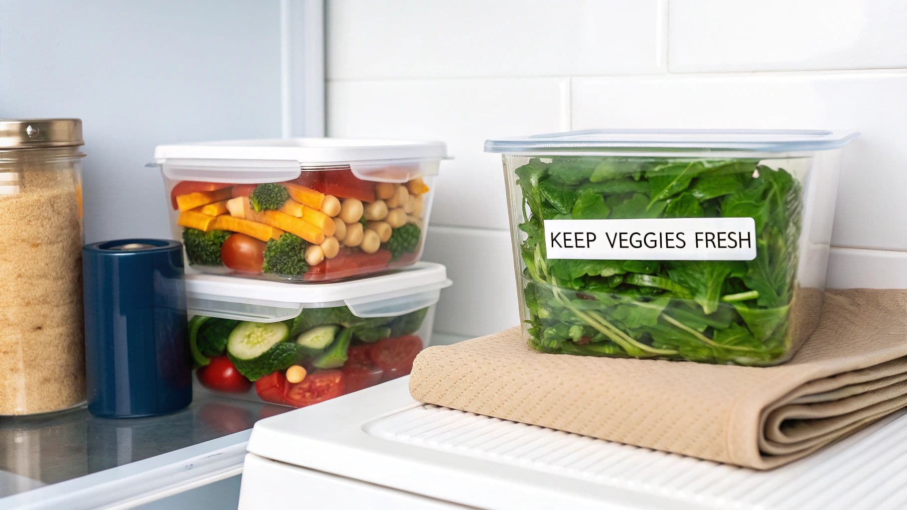 Airtight glass containers filled with colorful, freshly prepped vegetables, neatly organized in a refrigerator.