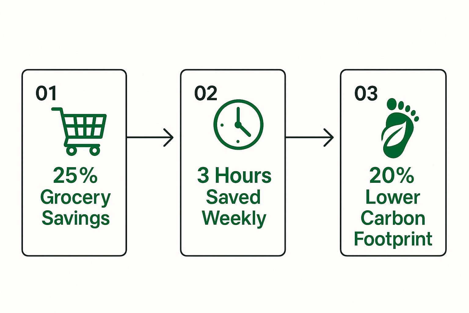 Infographic showing the benefits of a weekly vegetarian meal plan: 25% grocery savings, 3 hours saved weekly, and a 20% lower carbon footprint.