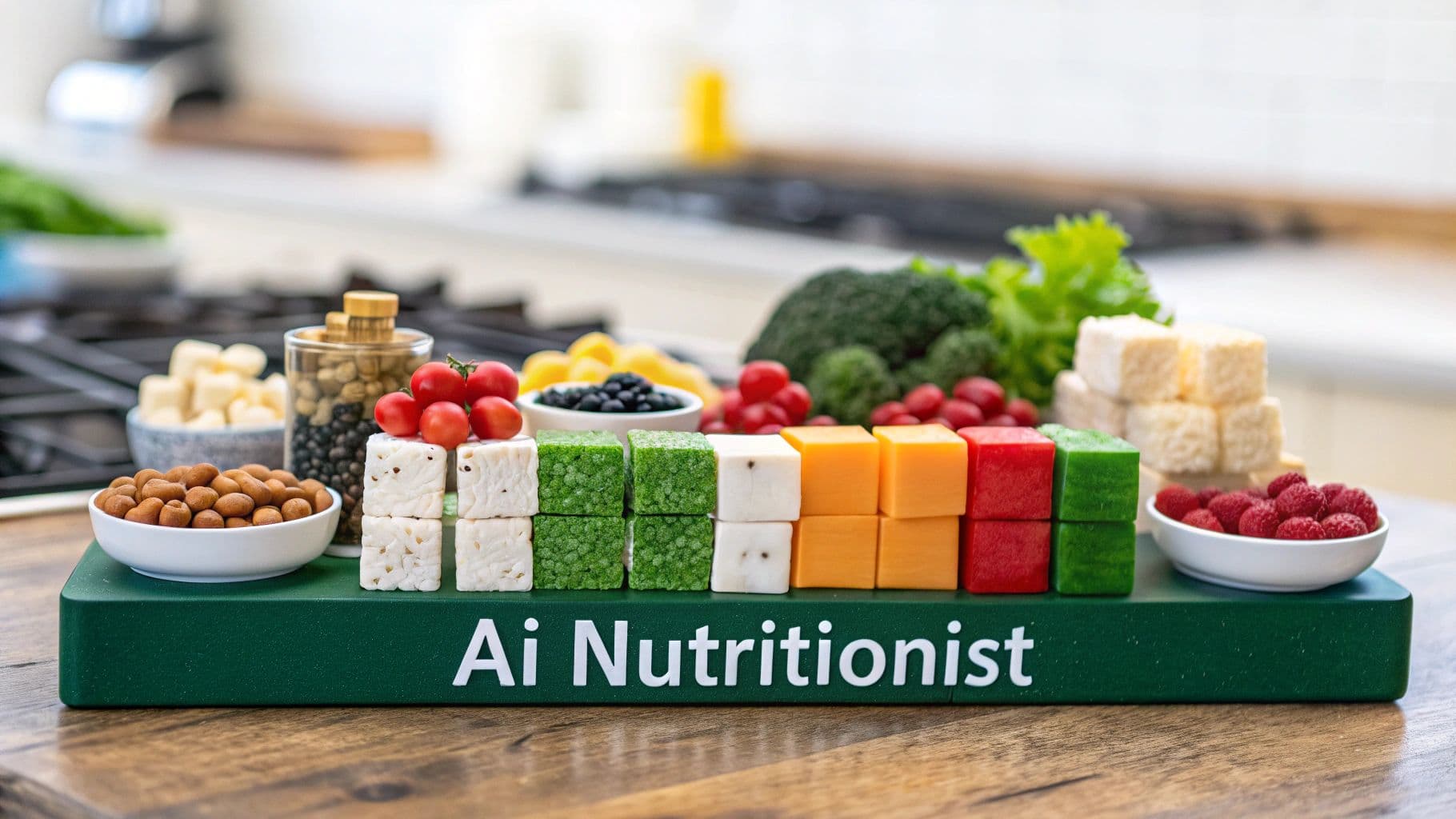 A person looking at a tablet showing a meal plan, with fresh ingredients on the kitchen counter around them.