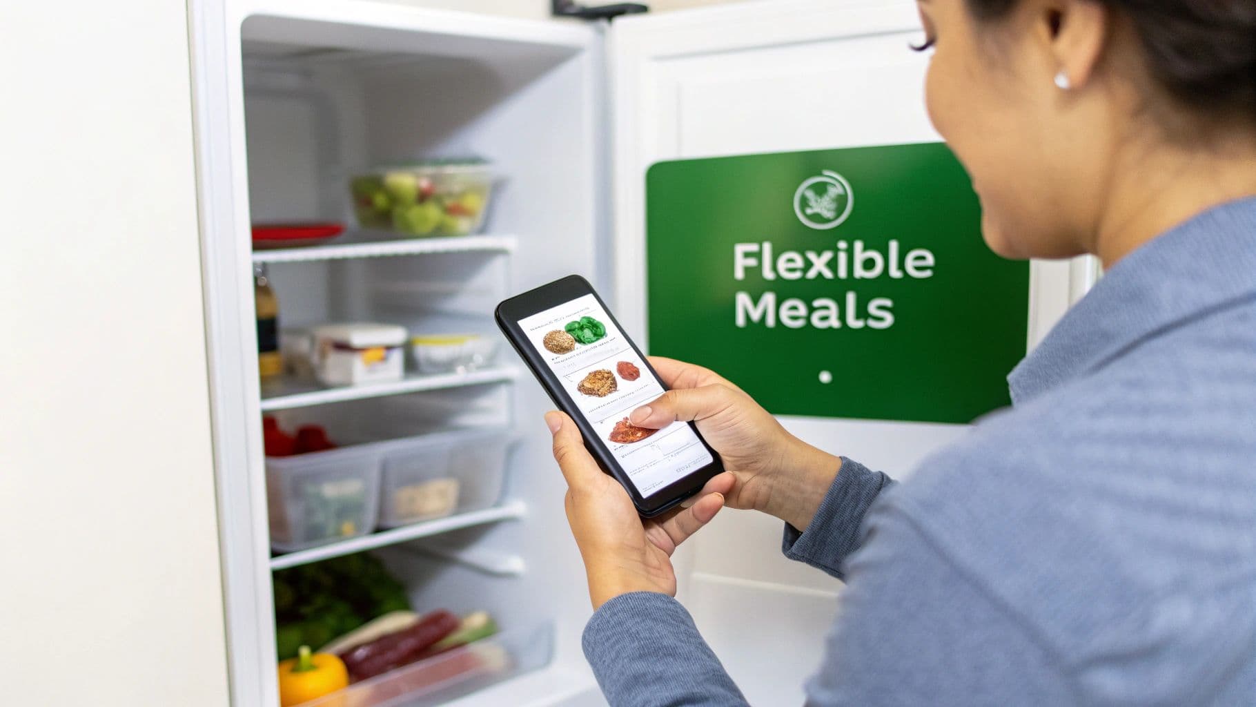 A person using a smartphone to adjust a meal plan, with a kitchen background.