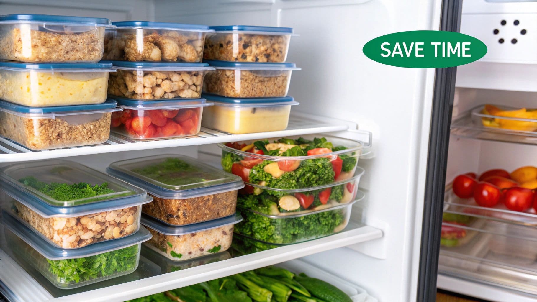 A person's hands holding a meal plan notebook next to fresh vegetables and a laptop.