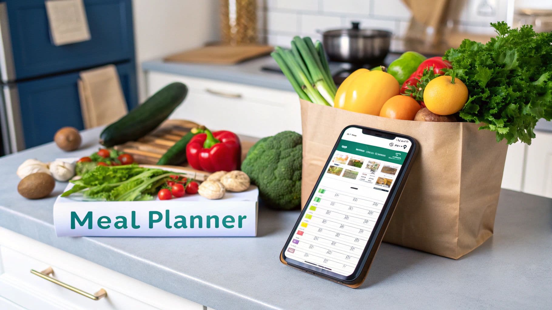 A collage showing the BigOven app interface on a phone, featuring recipe cards, a meal planner, and a grocery list.