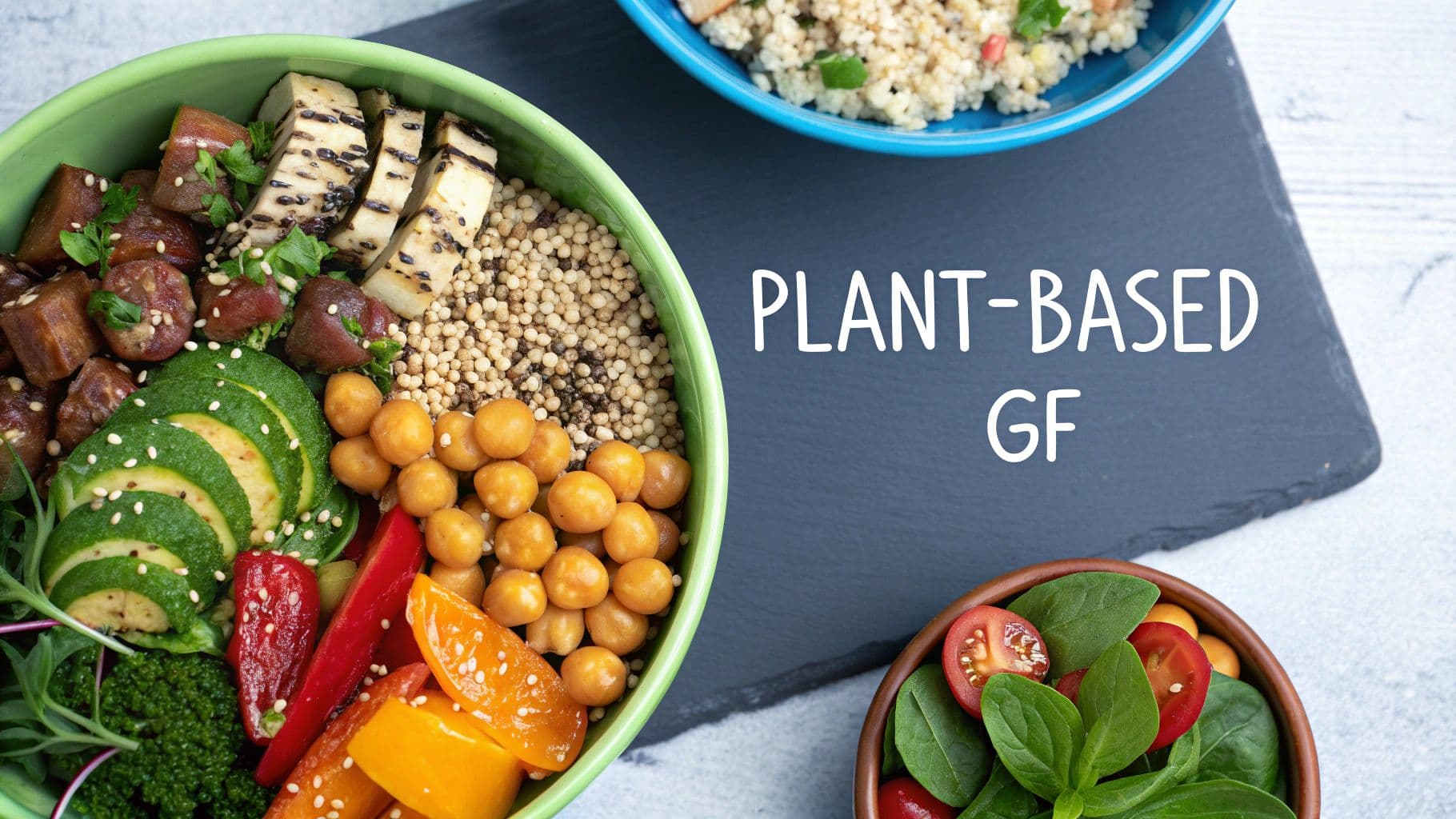 A vibrant plant-based gluten-free bowl with quinoa, chickpeas, avocado, and fresh vegetables.