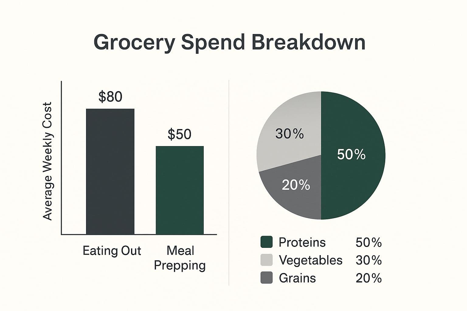 Infographic comparing weekly food costs and grocery spending distribution for meal prepping.