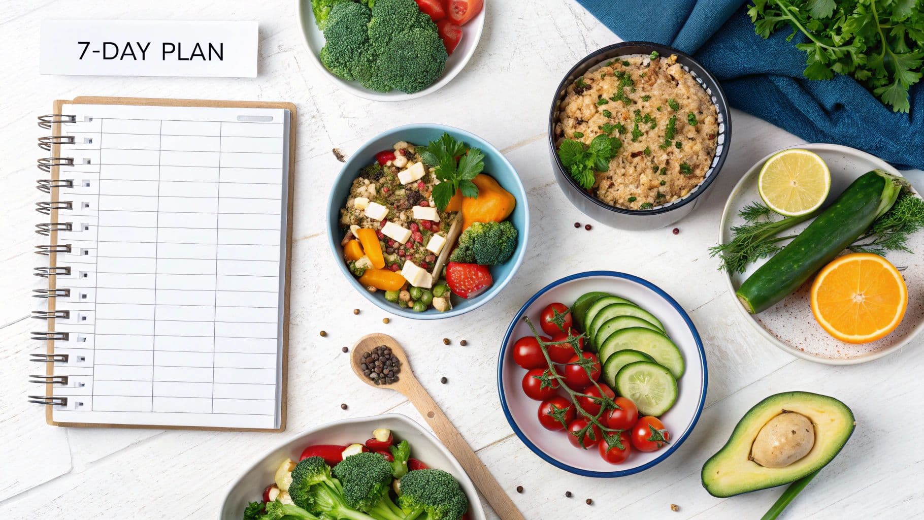 A delicious-looking vegetarian meal spread out on a table, showcasing colorful vegetables and grains.