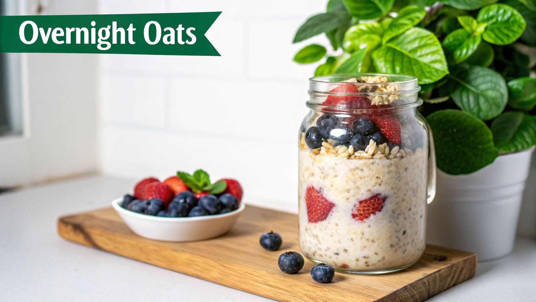 A close-up of a jar of overnight oats topped with fresh berries and chia seeds.