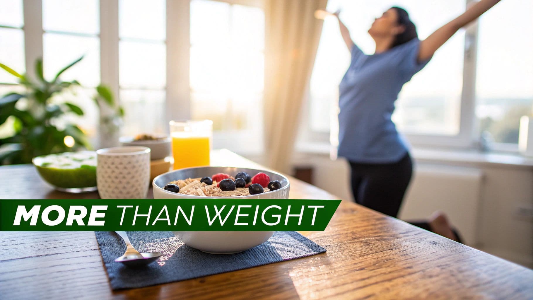 A person feeling energetic and happy, enjoying a healthy meal in a bright, sunlit kitchen.