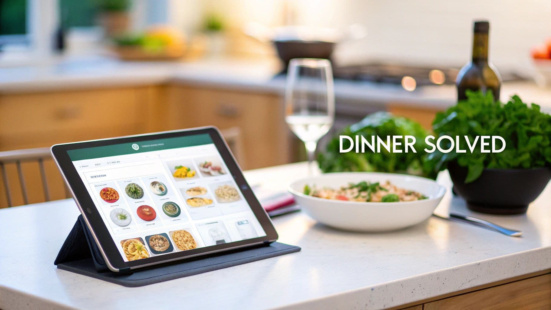 A person using meal planner software on a tablet in a modern kitchen, with fresh vegetables on the counter.