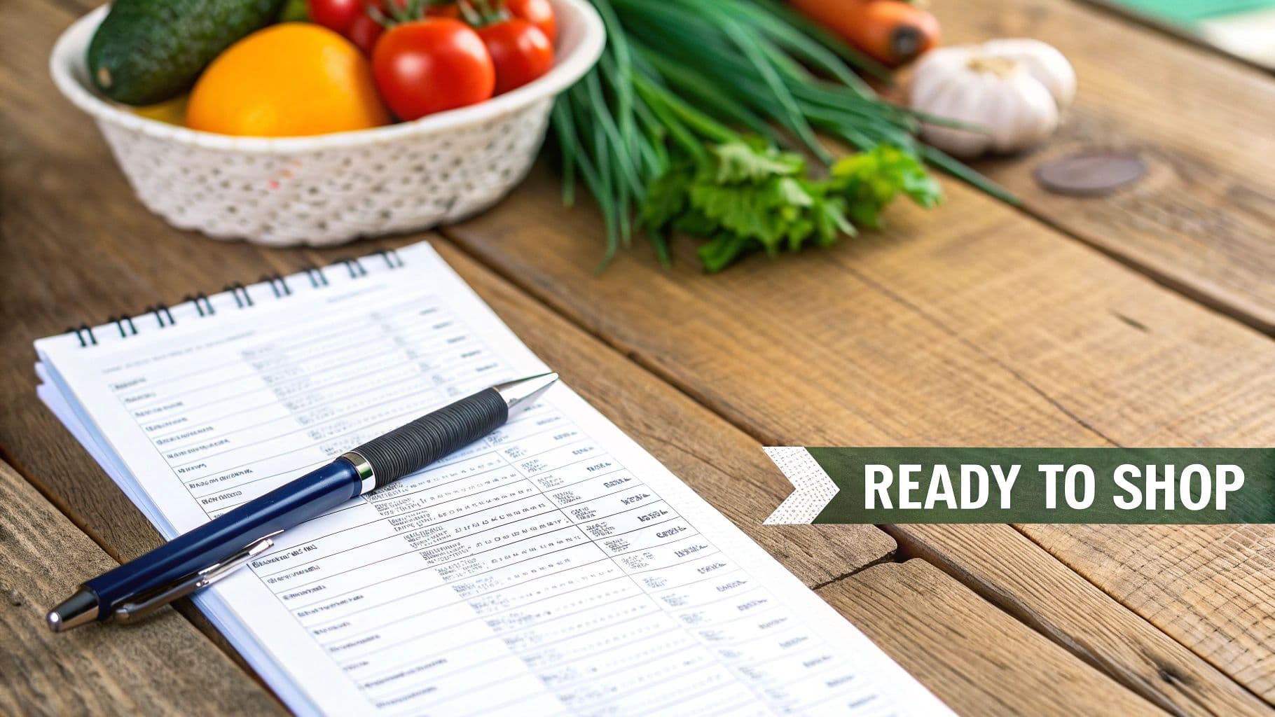A person smiling while looking at a tablet with a grocery list, kitchen in the background