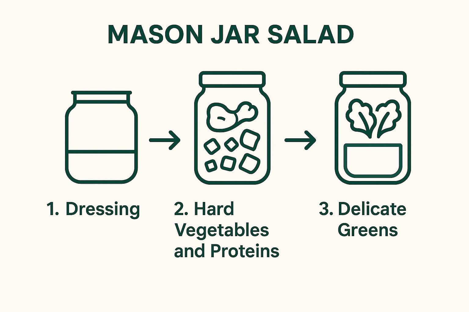 Infographic showing the three-step process for layering a Mason jar salad: dressing at the bottom, hard ingredients in the middle, and delicate greens at the top.