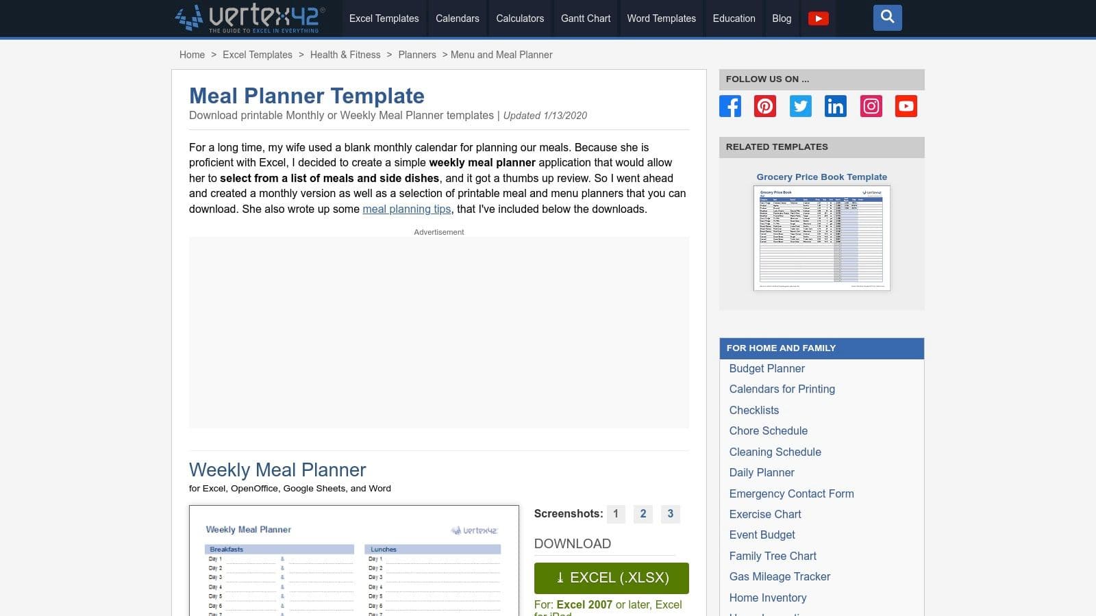 Google Sheets Weekly Meal Planner Template by Vertex42
