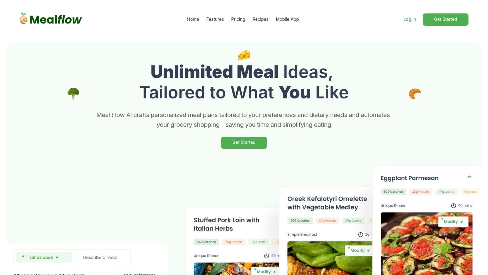 Meal Flow AI Interface showcasing a generated meal plan with breakfast, lunch, and dinner options.